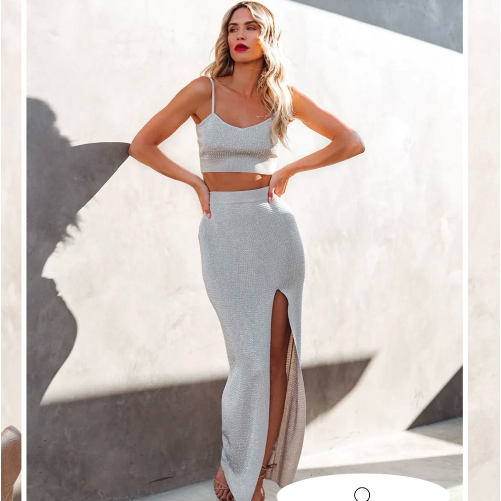 Martina rhinestone knit crop top and long skirt with a cut on the side